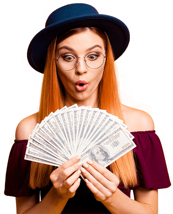 Woman holding $2,000 in cash